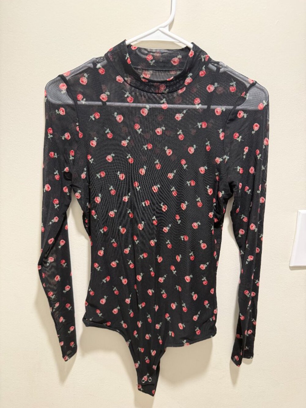 Hollister Black Mesh Floral Rose Print Long Sleeve Bodysuit Women's Size M